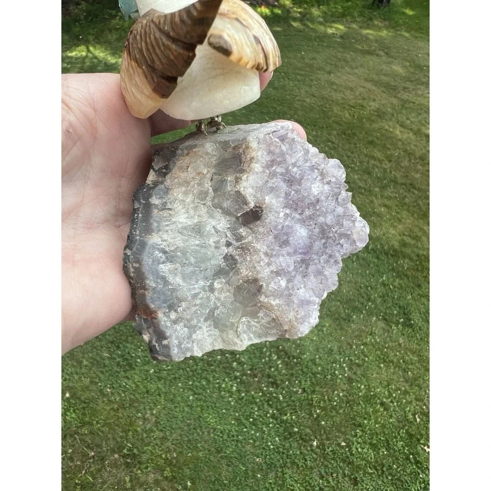 Hand Carved Gemstone Cockatoo Bird Figurine on Amethyst Geode Base 6